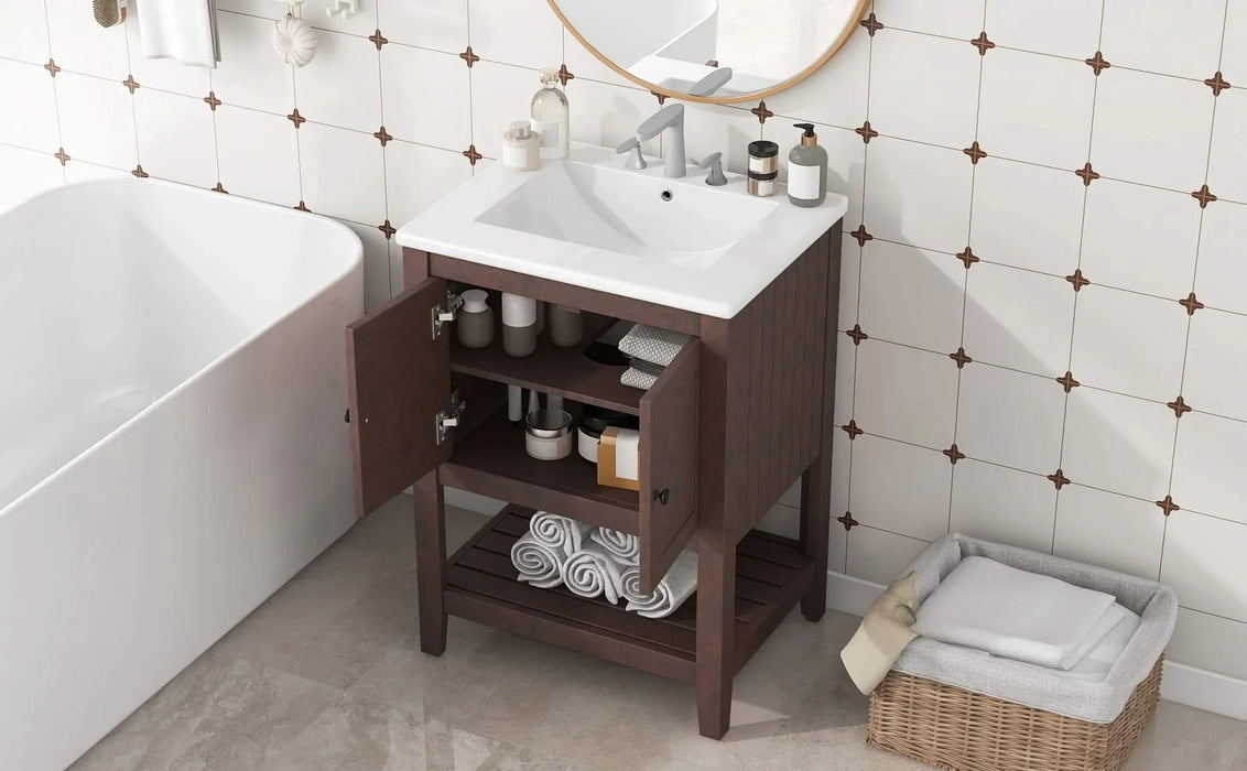 [VIDEO] 24' Brown Modern Sleek Bathroom Vanity Elegant Ceramic Sink with Solid Wood Frame Open Style Shelf Default -DTYStore