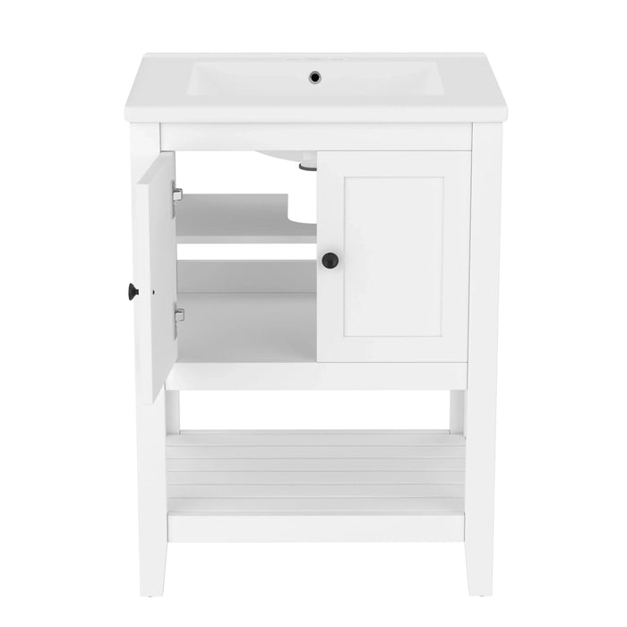 [VIDEO] 24' White Modern Sleek Bathroom Vanity Elegant Ceramic Sink with Solid Wood Frame Open Style Shelf Default -DTYStore