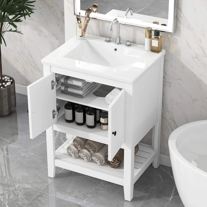 [VIDEO] 24' White Modern Sleek Bathroom Vanity Elegant Ceramic Sink with Solid Wood Frame Open Style Shelf Default -DTYStore