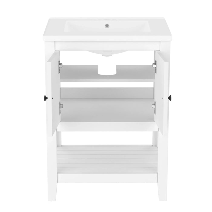 [VIDEO] 24' White Modern Sleek Bathroom Vanity Elegant Ceramic Sink with Solid Wood Frame Open Style Shelf Default -DTYStore