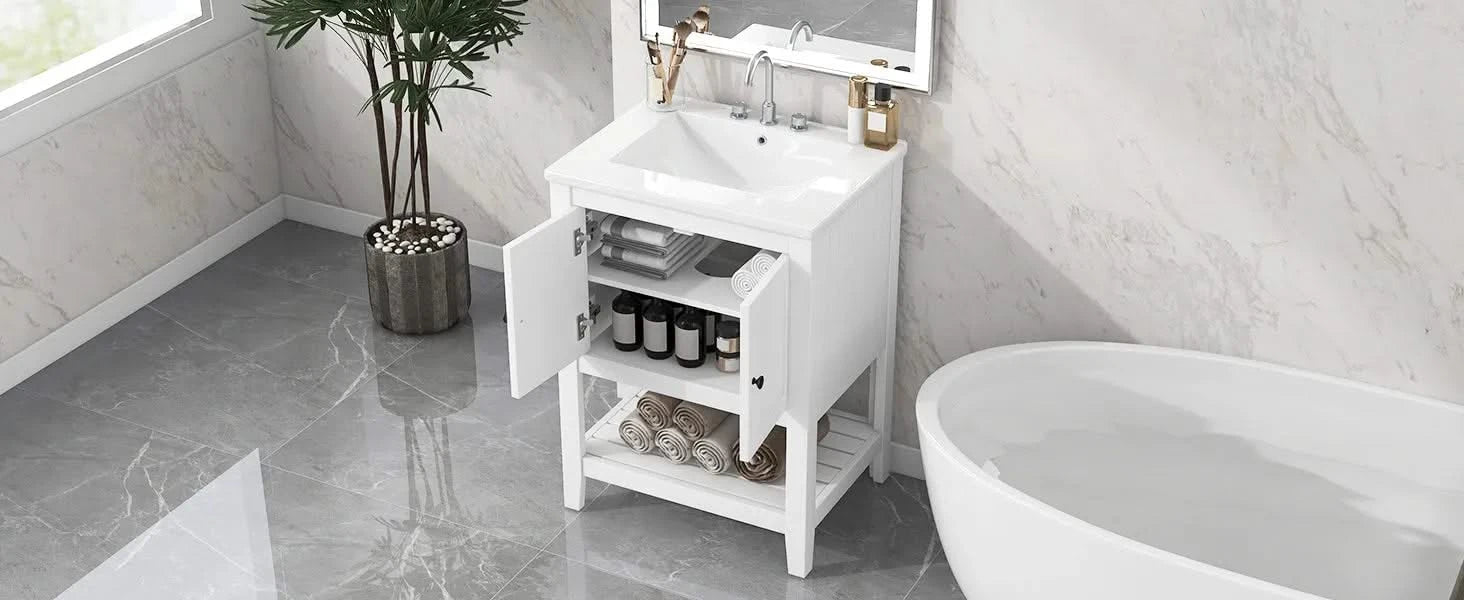 [VIDEO] 24' White Modern Sleek Bathroom Vanity Elegant Ceramic Sink with Solid Wood Frame Open Style Shelf Default -DTYStore