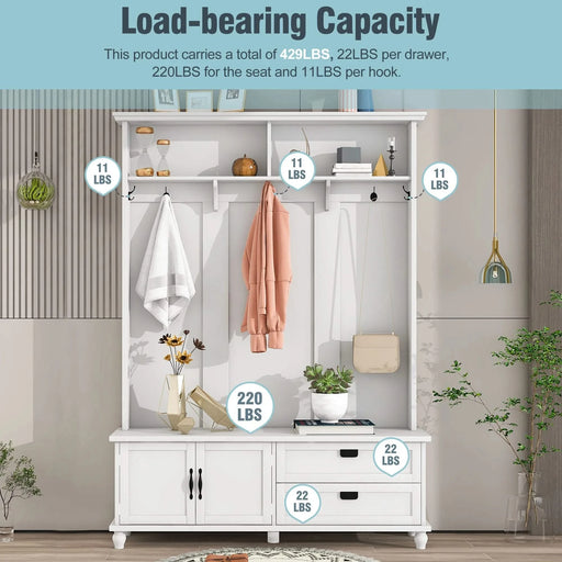 [VIDEO provided] ON-TREND Modern Style Hall Tree with Storage Cabinet and 2 Large Drawers, Widen Mudroom Bench with 5 Coat Hooks, White Default -DTYStore