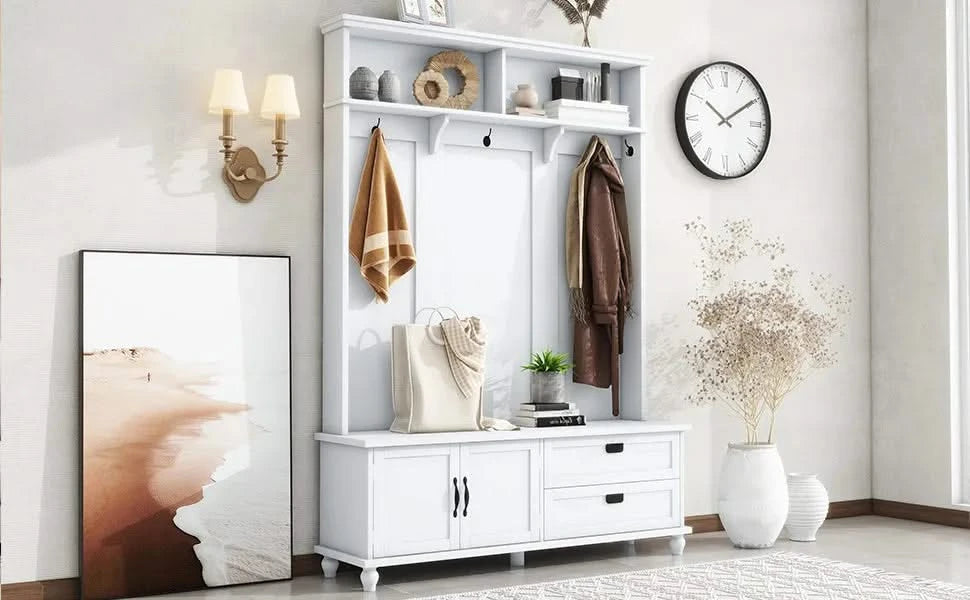 [VIDEO provided] ON-TREND Modern Style Hall Tree with Storage Cabinet and 2 Large Drawers, Widen Mudroom Bench with 5 Coat Hooks, White Default -DTYStore