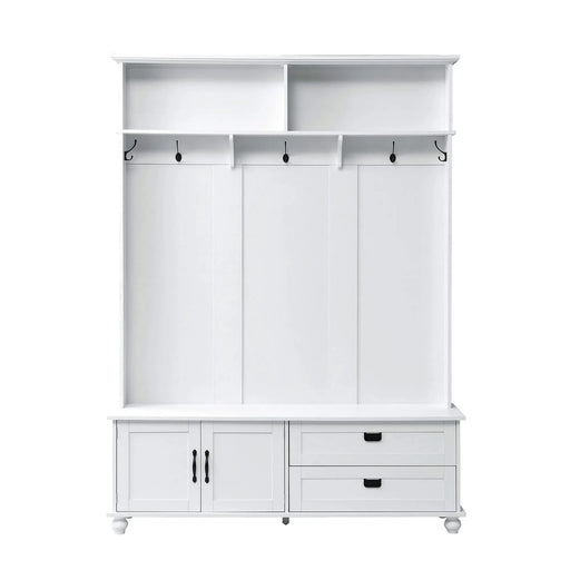 [VIDEO provided] ON-TREND Modern Style Hall Tree with Storage Cabinet and 2 Large Drawers, Widen Mudroom Bench with 5 Coat Hooks, White Default -DTYStore