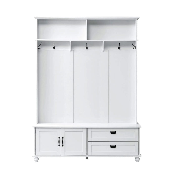 [VIDEO provided] ON-TREND Modern Style Hall Tree with Storage Cabinet and 2 Large Drawers, Widen Mudroom Bench with 5 Coat Hooks, White Default -DTYStore