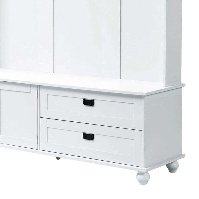 [VIDEO provided] ON-TREND Modern Style Hall Tree with Storage Cabinet and 2 Large Drawers, Widen Mudroom Bench with 5 Coat Hooks, White Default -DTYStore