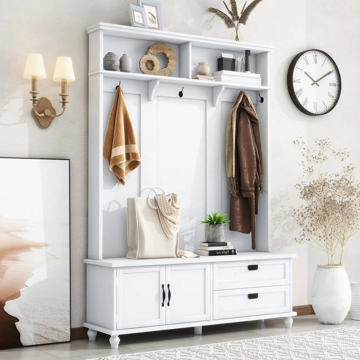 [VIDEO provided] ON-TREND Modern Style Hall Tree with Storage Cabinet and 2 Large Drawers, Widen Mudroom Bench with 5 Coat Hooks, White Default -DTYStore