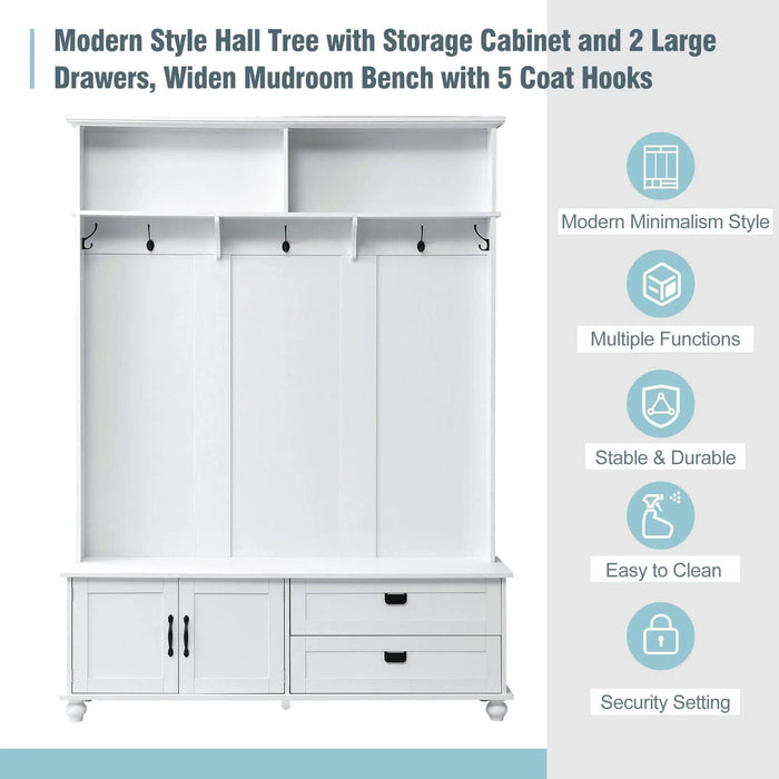 [VIDEO provided] ON-TREND Modern Style Hall Tree with Storage Cabinet and 2 Large Drawers, Widen Mudroom Bench with 5 Coat Hooks, White Default -DTYStore
