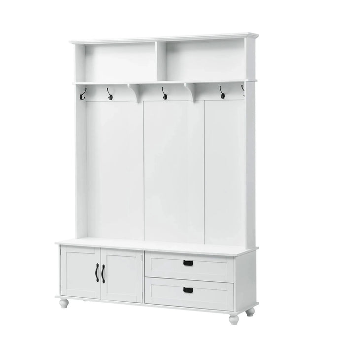 [VIDEO provided] ON-TREND Modern Style Hall Tree with Storage Cabinet and 2 Large Drawers, Widen Mudroom Bench with 5 Coat Hooks, White Default -DTYStore
