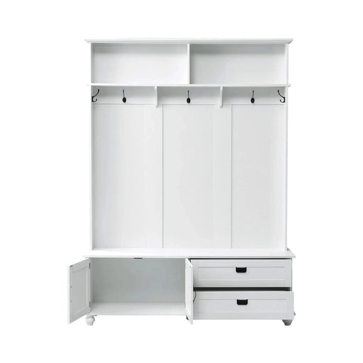 [VIDEO provided] ON-TREND Modern Style Hall Tree with Storage Cabinet and 2 Large Drawers, Widen Mudroom Bench with 5 Coat Hooks, White Default -DTYStore