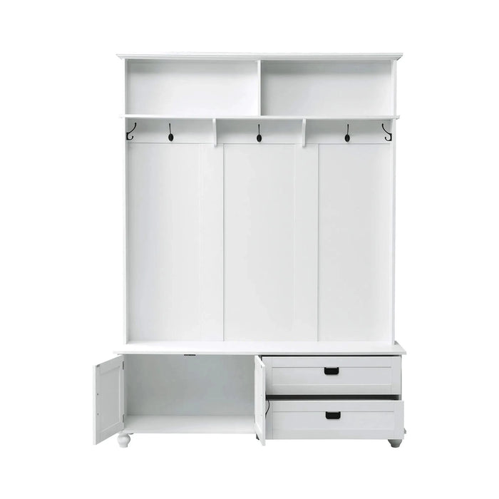 [VIDEO provided] ON-TREND Modern Style Hall Tree with Storage Cabinet and 2 Large Drawers, Widen Mudroom Bench with 5 Coat Hooks, White Default -DTYStore