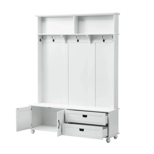 [VIDEO provided] ON-TREND Modern Style Hall Tree with Storage Cabinet and 2 Large Drawers, Widen Mudroom Bench with 5 Coat Hooks, White Default -DTYStore