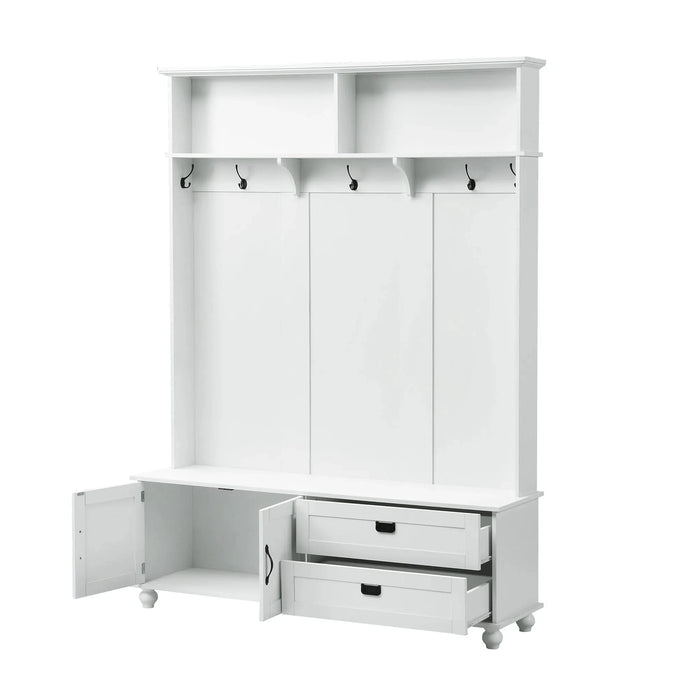 [VIDEO provided] ON-TREND Modern Style Hall Tree with Storage Cabinet and 2 Large Drawers, Widen Mudroom Bench with 5 Coat Hooks, White Default -DTYStore