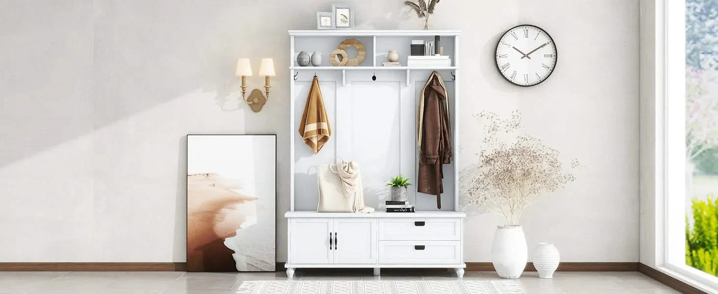 [VIDEO provided] ON-TREND Modern Style Hall Tree with Storage Cabinet and 2 Large Drawers, Widen Mudroom Bench with 5 Coat Hooks, White Default -DTYStore