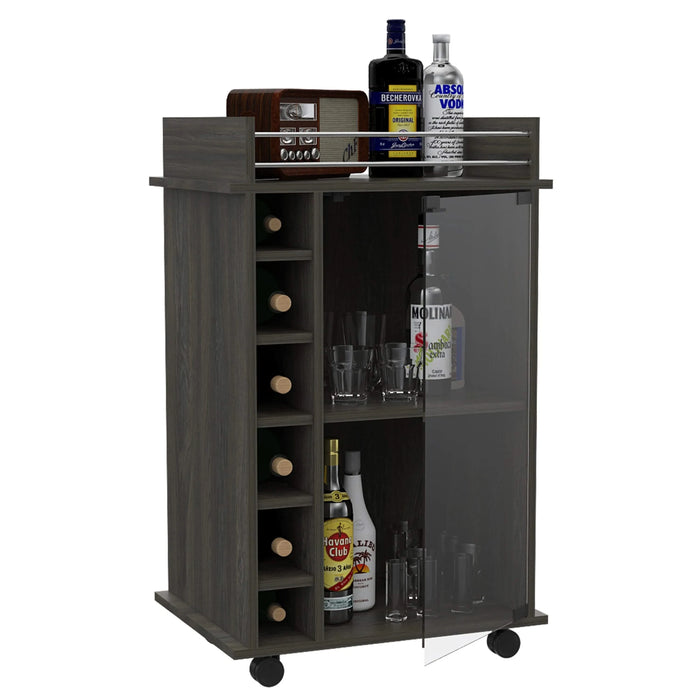 Vegas Bar Cart, Two Tier Cabinet With Glass Door, Six Cubbies For Liquor Default -DTYStore