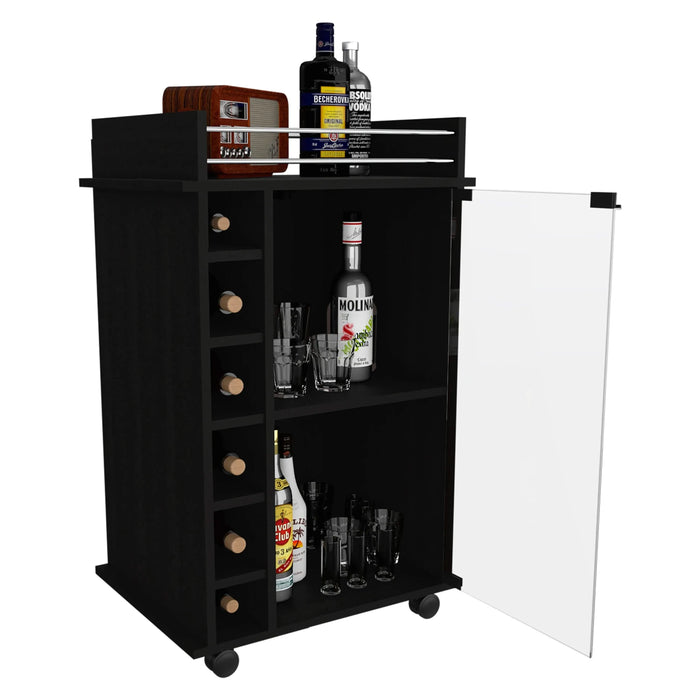 Vegas Bar Cart, Two Tier Cabinet With Glass Door, Six Cubbies For Liquor Default -DTYStore