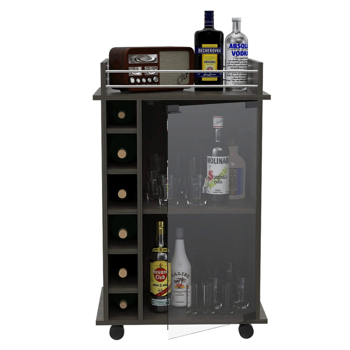 Vegas Bar Cart, Two Tier Cabinet With Glass Door, Six Cubbies For Liquor Default -DTYStore