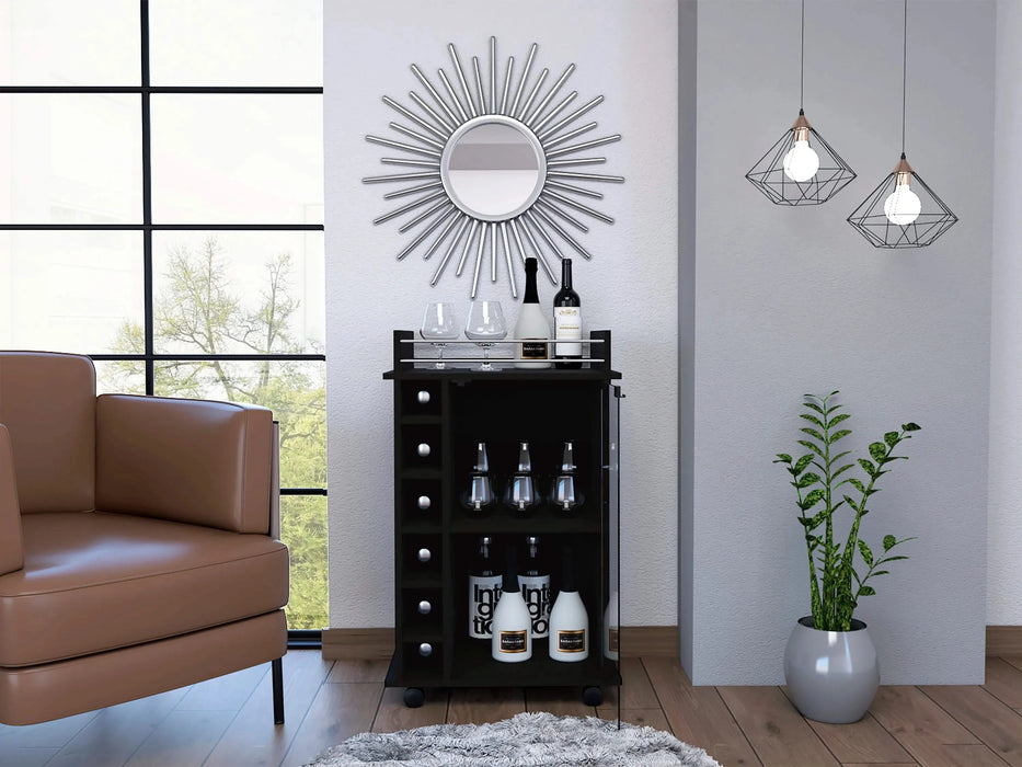 Vegas Bar Cart, Two Tier Cabinet With Glass Door, Six Cubbies For Liquor Default -DTYStore