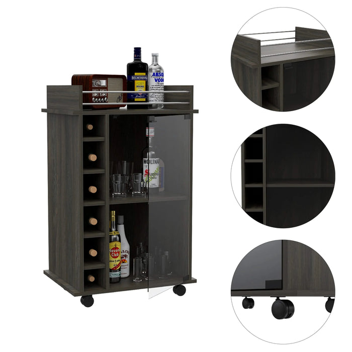Vegas Bar Cart, Two Tier Cabinet With Glass Door, Six Cubbies For Liquor Default -DTYStore