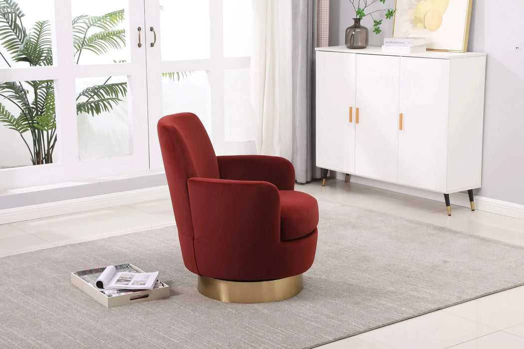 Velvet Swivel Barrel Chair, Swivel Accent Chairs Armchair for Living Room, Reading Chairs for Bedroom Comfy, Round Barrel Chairs with Gold Stainless Steel Base (Brownish red) Default -DTYStore