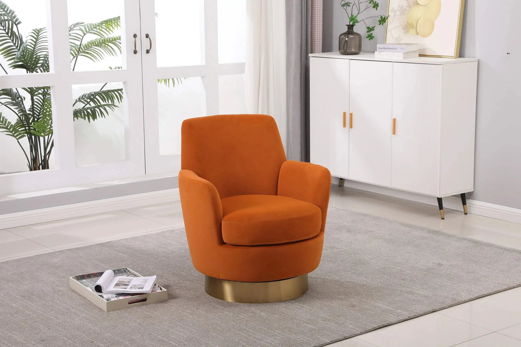 Velvet Swivel Barrel Chair, Swivel Accent Chairs Armchair for Living Room, Reading Chairs for Bedroom Comfy, Round Barrel Chairs with Gold Stainless Steel Base (Orange) Default -DTYStore