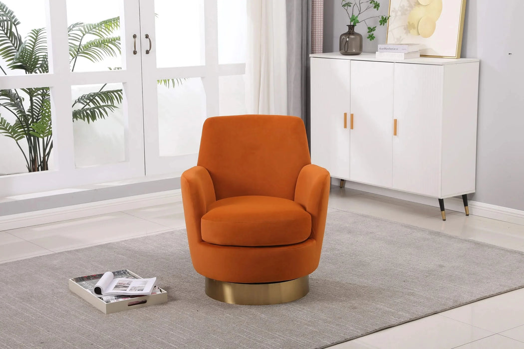 Velvet Swivel Barrel Chair, Swivel Accent Chairs Armchair for Living Room, Reading Chairs for Bedroom Comfy, Round Barrel Chairs with Gold Stainless Steel Base (Orange) Default -DTYStore