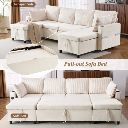 Versatile 111.8' Sectional Sofa Pull-out Bed with Storage, USB Ports, and Cup Holders, Beige Corduroy and Chenille Default -DTYStore