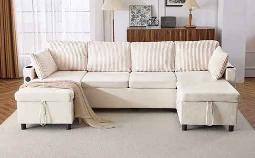 Versatile 111.8' Sectional Sofa Pull-out Bed with Storage, USB Ports, and Cup Holders, Beige Corduroy and Chenille Default -DTYStore