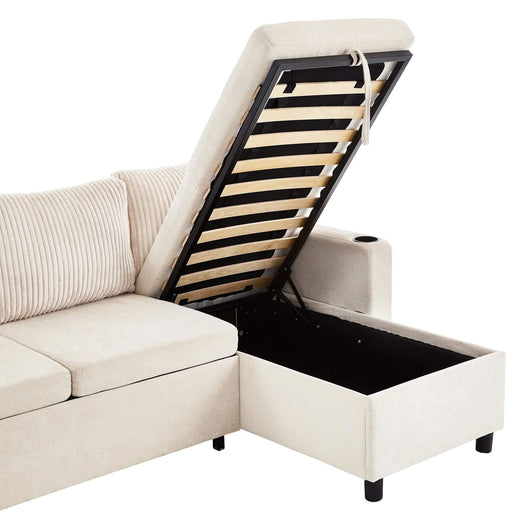 Versatile 111.8' Sectional Sofa Pull-out Bed with Storage, USB Ports, and Cup Holders, Beige Corduroy and Chenille Default -DTYStore