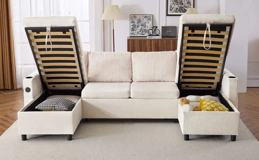 Versatile 111.8' Sectional Sofa Pull-out Bed with Storage, USB Ports, and Cup Holders, Beige Corduroy and Chenille Default -DTYStore