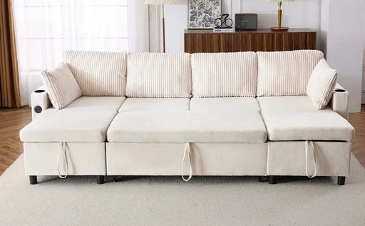 Versatile 111.8' Sectional Sofa Pull-out Bed with Storage, USB Ports, and Cup Holders, Beige Corduroy and Chenille Default -DTYStore
