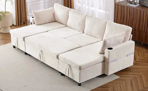 Versatile 111.8' Sectional Sofa Pull-out Bed with Storage, USB Ports, and Cup Holders, Beige Corduroy and Chenille Default -DTYStore