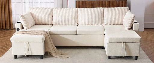 Versatile 111.8' Sectional Sofa Pull-out Bed with Storage, USB Ports, and Cup Holders, Beige Corduroy and Chenille Default -DTYStore