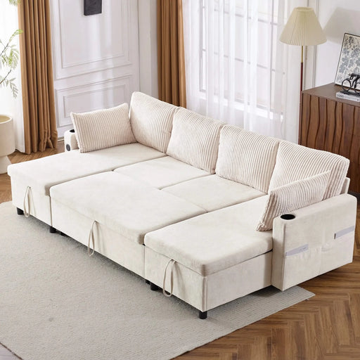Versatile 111.8' Sectional Sofa Pull-out Bed with Storage, USB Ports, and Cup Holders, Beige Corduroy and Chenille Default -DTYStore