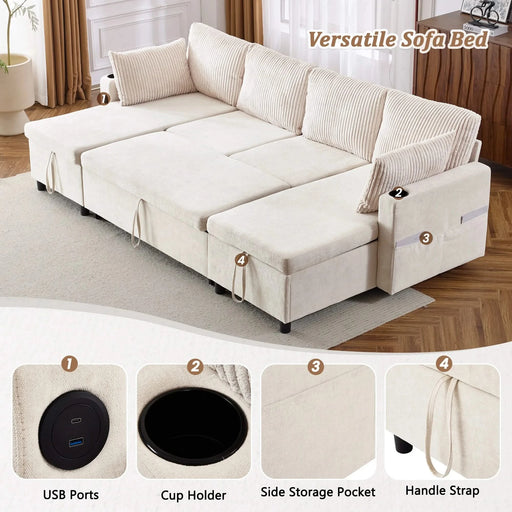 Versatile 111.8' Sectional Sofa Pull-out Bed with Storage, USB Ports, and Cup Holders, Beige Corduroy and Chenille Default -DTYStore