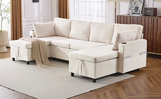 Versatile 111.8' Sectional Sofa Pull-out Bed with Storage, USB Ports, and Cup Holders, Beige Corduroy and Chenille Default -DTYStore