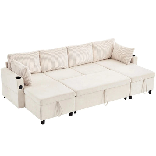Versatile 111.8' Sectional Sofa Pull-out Bed with Storage, USB Ports, and Cup Holders, Beige Corduroy and Chenille Default -DTYStore