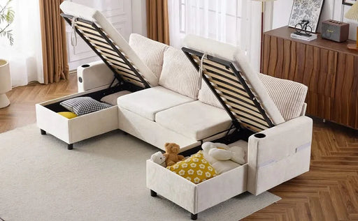 Versatile 111.8' Sectional Sofa Pull-out Bed with Storage, USB Ports, and Cup Holders, Beige Corduroy and Chenille Default -DTYStore