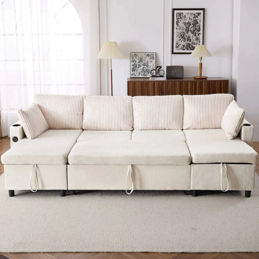 Versatile 111.8' Sectional Sofa Pull-out Bed with Storage, USB Ports, and Cup Holders, Beige Corduroy and Chenille Default -DTYStore