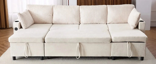 Versatile 111.8' Sectional Sofa Pull-out Bed with Storage, USB Ports, and Cup Holders, Beige Corduroy and Chenille Default -DTYStore