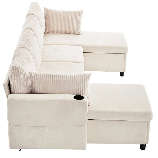 Versatile 111.8' Sectional Sofa Pull-out Bed with Storage, USB Ports, and Cup Holders, Beige Corduroy and Chenille Default -DTYStore