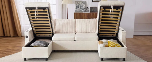 Versatile 111.8' Sectional Sofa Pull-out Bed with Storage, USB Ports, and Cup Holders, Beige Corduroy and Chenille Default -DTYStore