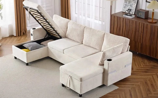 Versatile 111.8' Sectional Sofa Pull-out Bed with Storage, USB Ports, and Cup Holders, Beige Corduroy and Chenille Default -DTYStore