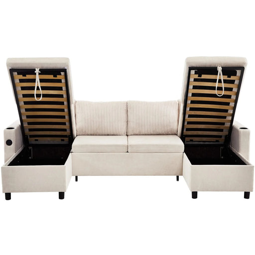 Versatile 111.8' Sectional Sofa Pull-out Bed with Storage, USB Ports, and Cup Holders, Beige Corduroy and Chenille Default -DTYStore