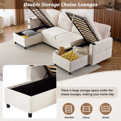 Versatile 111.8' Sectional Sofa Pull-out Bed with Storage, USB Ports, and Cup Holders, Beige Corduroy and Chenille Default -DTYStore