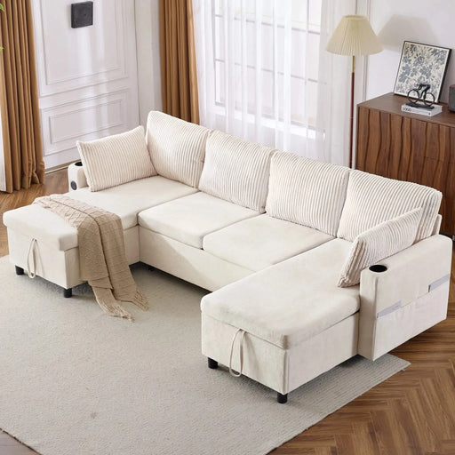 Versatile 111.8' Sectional Sofa Pull-out Bed with Storage, USB Ports, and Cup Holders, Beige Corduroy and Chenille Default -DTYStore