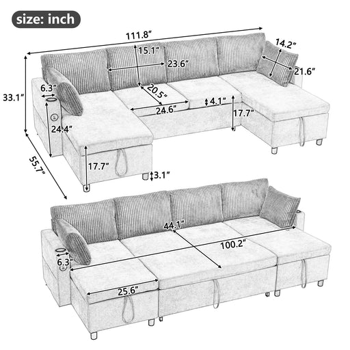 Versatile 111.8' Sectional Sofa Pull-out Bed with Storage, USB Ports, and Cup Holders, Beige Corduroy and Chenille Default -DTYStore