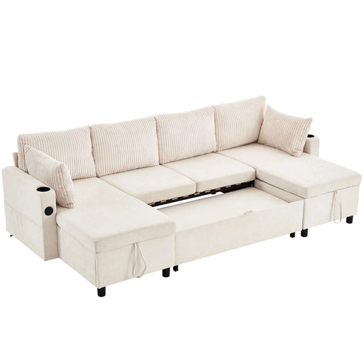 Versatile 111.8' Sectional Sofa Pull-out Bed with Storage, USB Ports, and Cup Holders, Beige Corduroy and Chenille Default -DTYStore