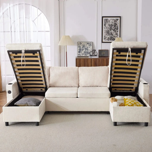 Versatile 111.8' Sectional Sofa Pull-out Bed with Storage, USB Ports, and Cup Holders, Beige Corduroy and Chenille Default -DTYStore