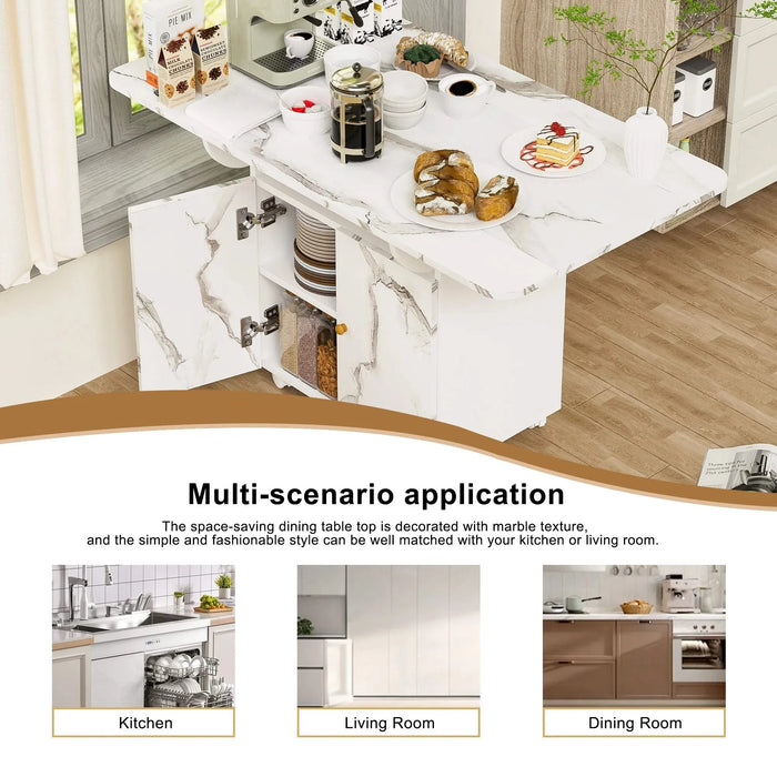 Versatile 47' White Marble MDF Folding Dining Table with Storage Rack and Cabinet, 6 Wheels Default -DTYStore